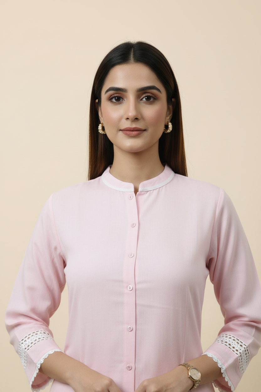 Baby Pink Cotton Straight Kurti Pant set With Lace Detailing