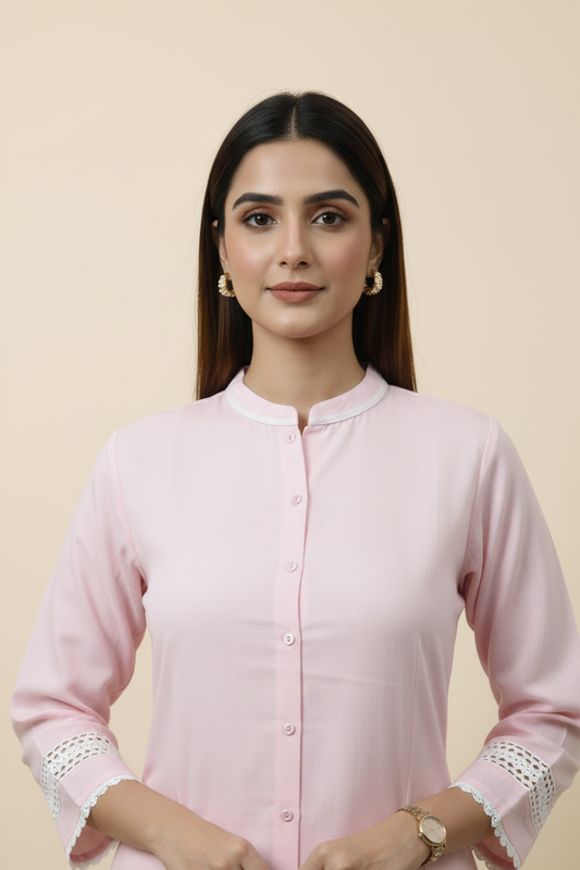 Baby Pink Cotton Straight Kurti Pant set With Lace Detailing