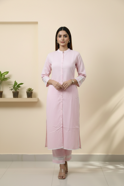 Baby Pink Cotton Straight Kurti Pant set With Lace Detailing