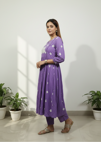 Violet Embroidered Viscose Rayon Kurti Pant set