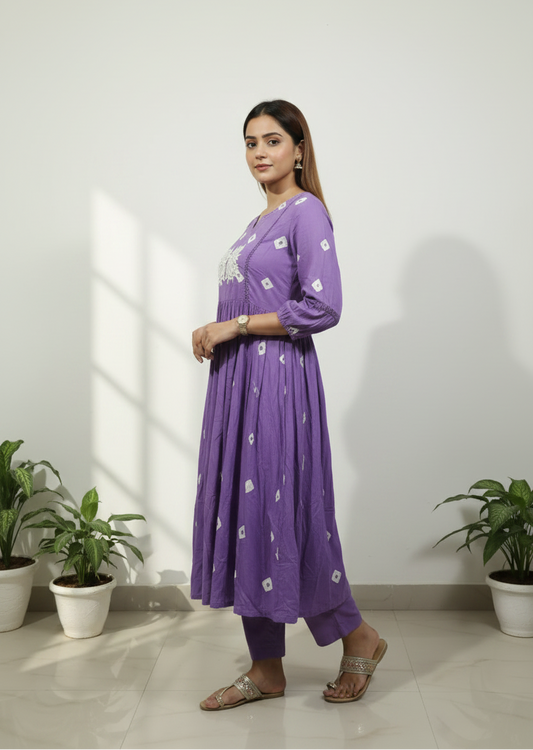 Violet Embroidered Viscose Rayon Kurti Pant set