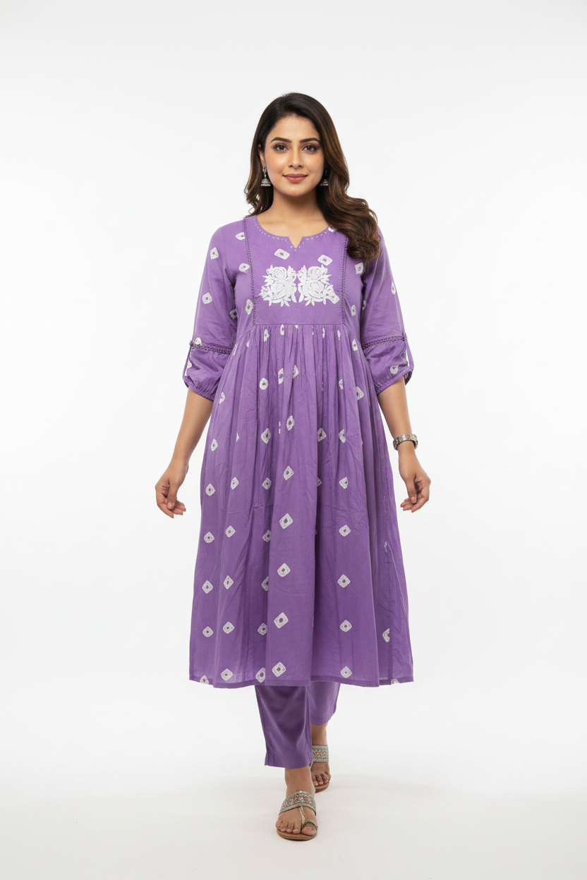 Violet Embroidered Viscose Rayon Kurti Pant set