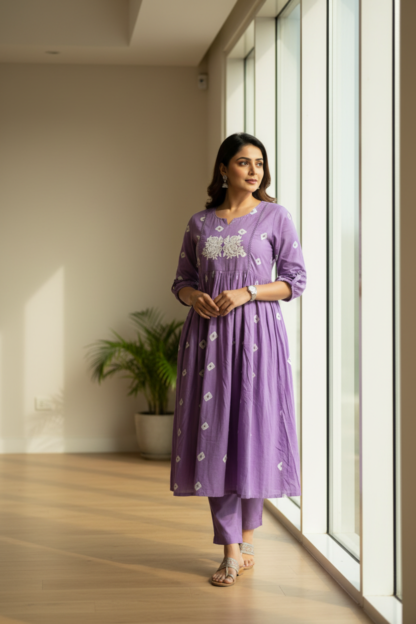 Violet Embroidered Viscose Rayon Kurti Pant set