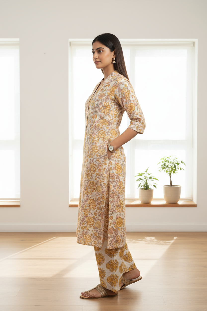 Yellow Printed Cotton Aline kurti with 3/4 th sleeves