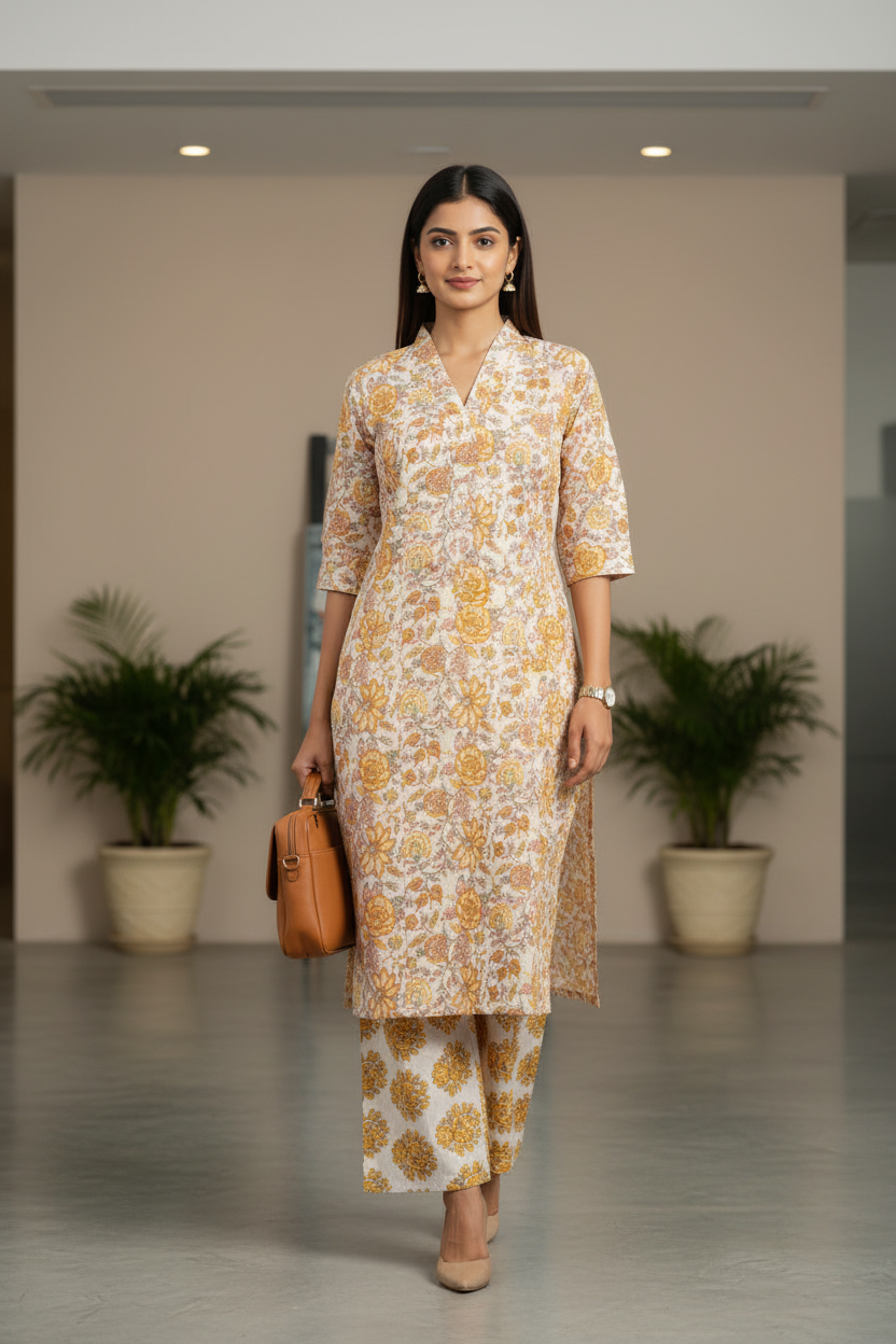 Yellow Floral Printed Cotton Kurti Pant Set