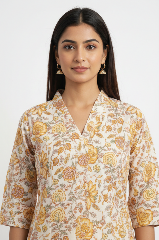 Yellow Printed Cotton Aline kurti with 3/4 th sleeves
