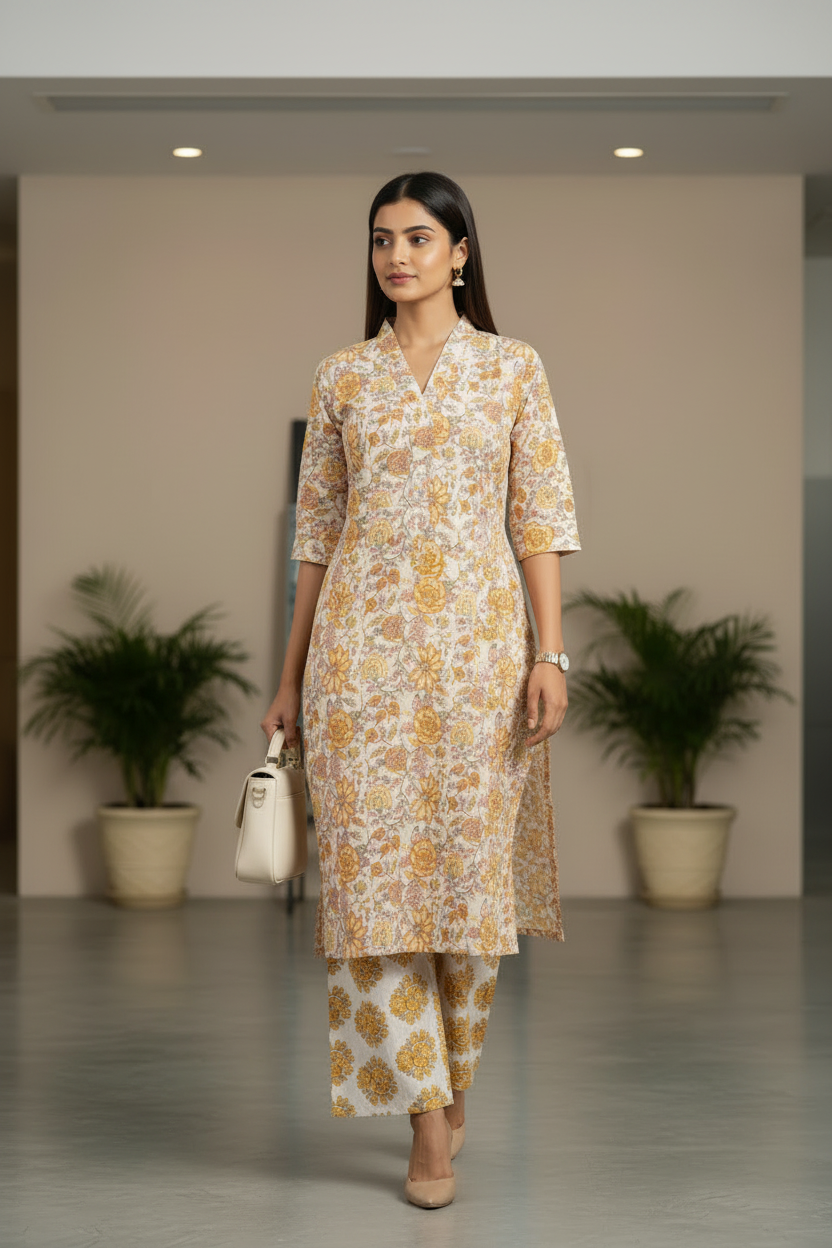 Yellow Floral Printed Cotton Kurti Pant Set