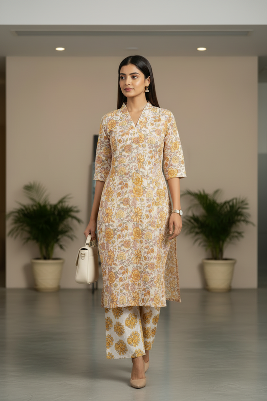 Yellow Floral Printed Cotton Kurti Pant Set