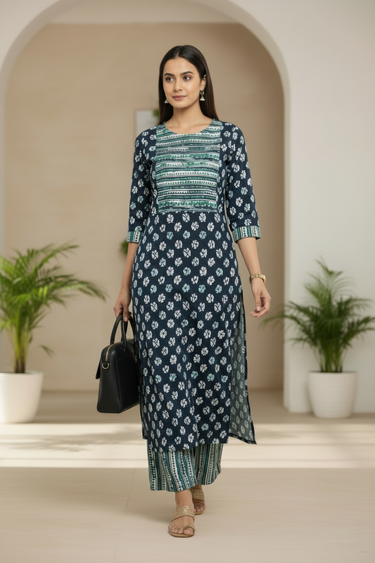 Dark Blue Printed Rayon straight Kurti Pant Set