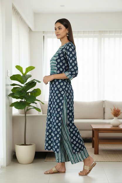 Dark Blue Printed Rayon straight Kurti Pant Set