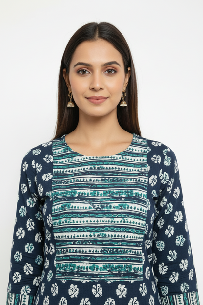 Dark Blue Printed Rayon straight Kurti Pant Set