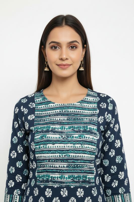 Dark Blue Printed Rayon straight Kurti Pant Set