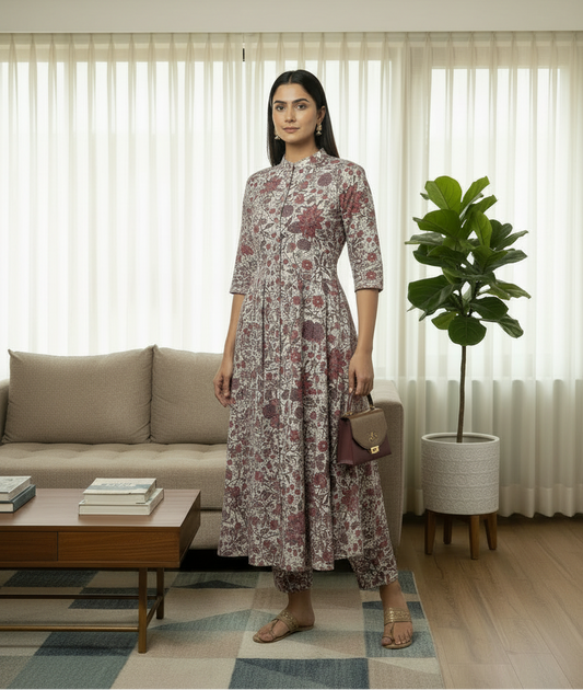 Multicoloured Printed Cotton A Line Flared Kurti Pant Set