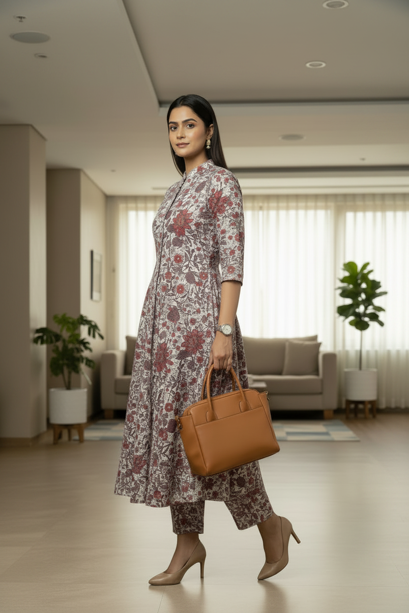 Multicoloured Printed Cotton A Line Flared Kurti Pant Set