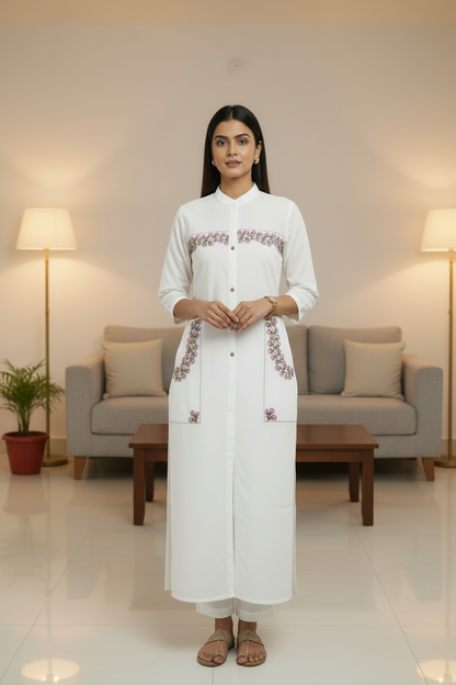 White Embroidered Cotton Straight Kurti Pant Set