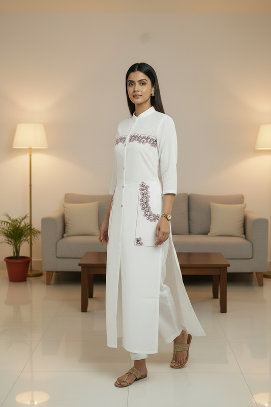 White Embroidered Cotton Straight Kurti Pant Set