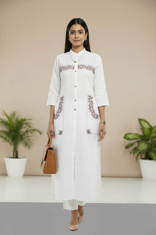 White Embroidered Cotton Straight Kurti Pant Set