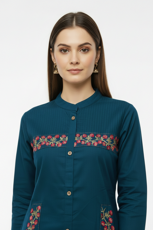 Teal Blue Embroidered Cotton Straight Kurti Pant Set