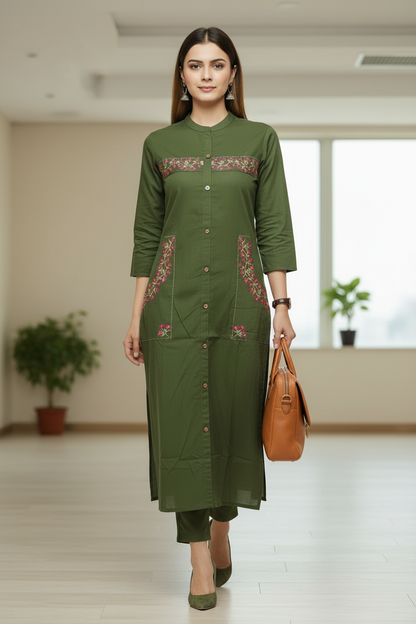 Green Embroidered Cotton Straight Kurti Pant Set