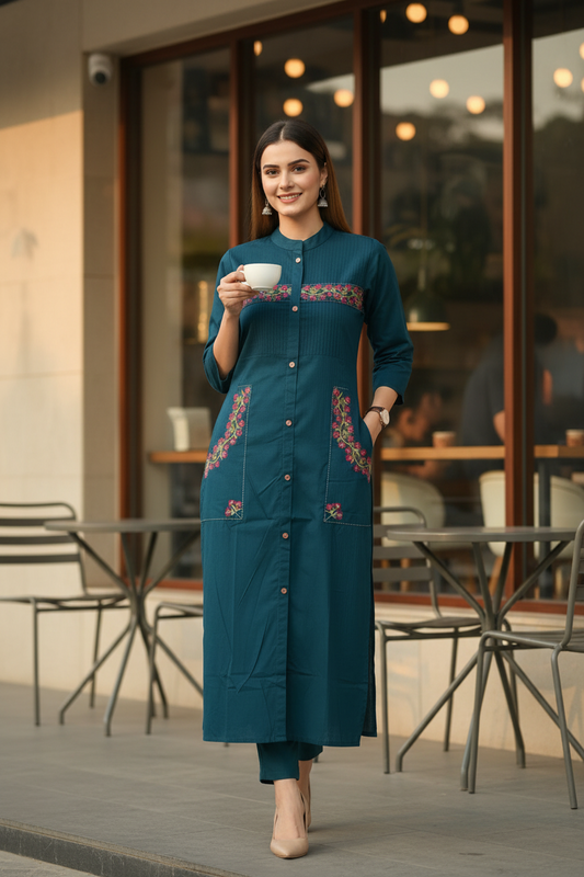 Teal Blue Embroidered Cotton Straight Kurti Pant Set