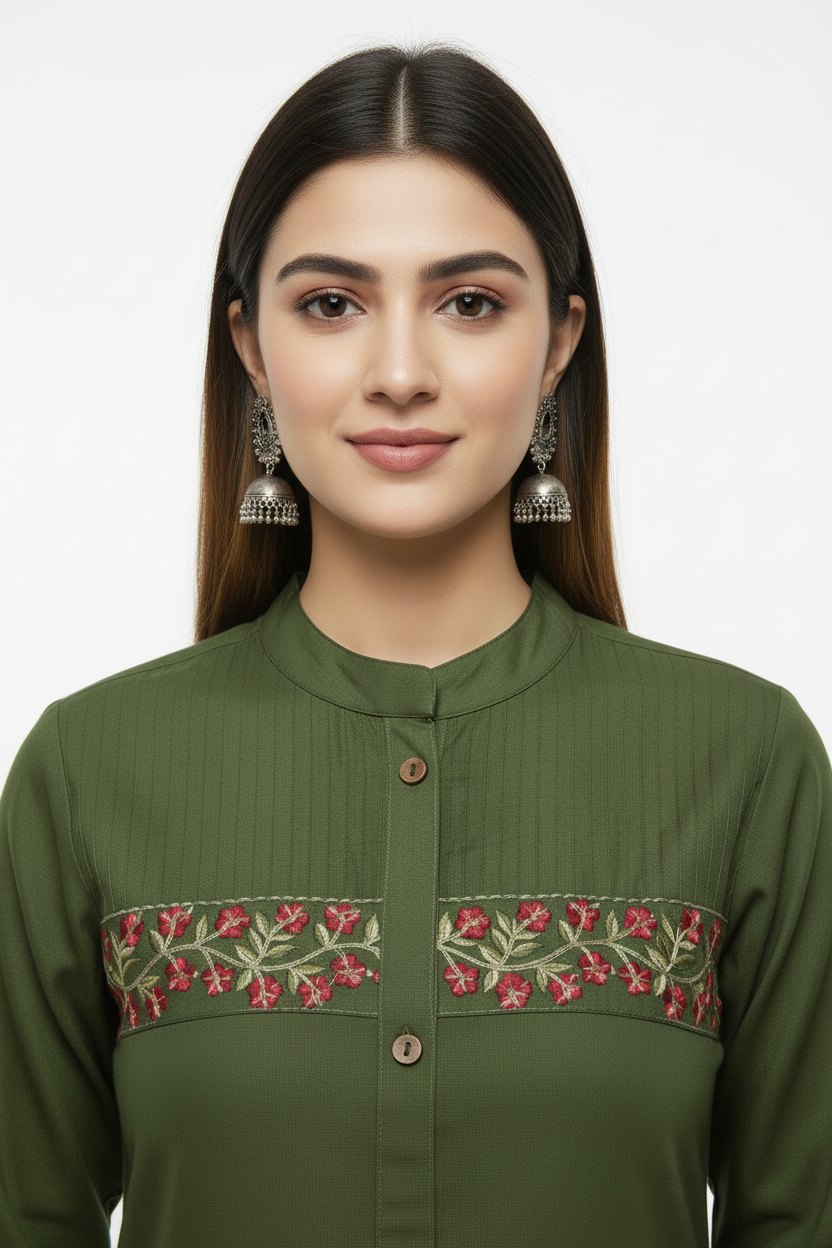 Green Embroidered Cotton Straight Kurti Pant Set