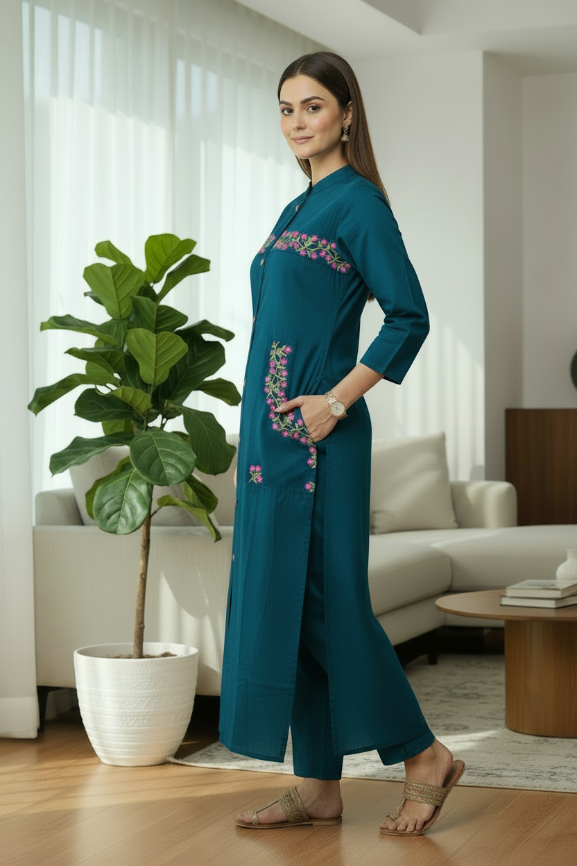 Teal Blue Embroidered Cotton Straight Kurti Pant Set