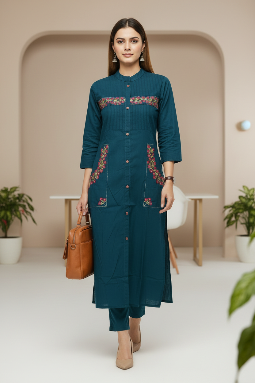 Teal Blue Embroidered Cotton Straight Kurti Pant Set