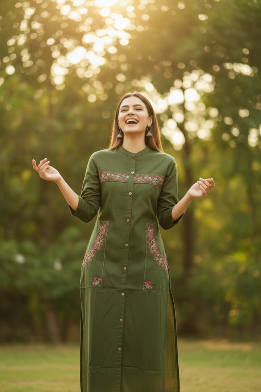 Green Embroidered Cotton Straight Kurti Pant Set