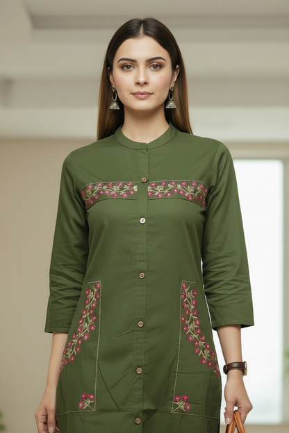 Green Embroidered Cotton Straight Kurti Pant Set