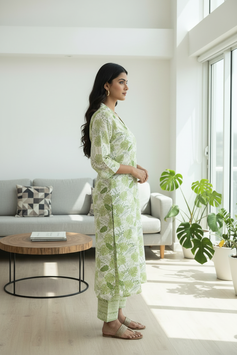 green printed light weght cotton pant set