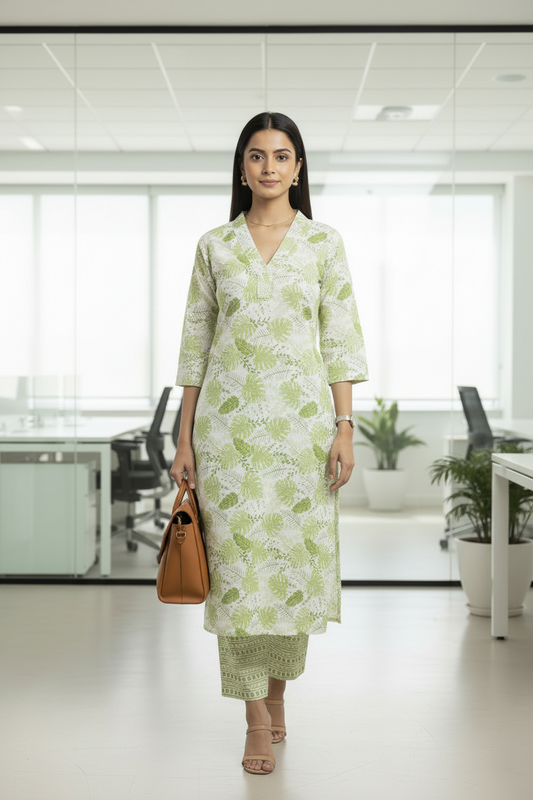 Green Leaf Printed Cotton A Line Kurti Pant Set