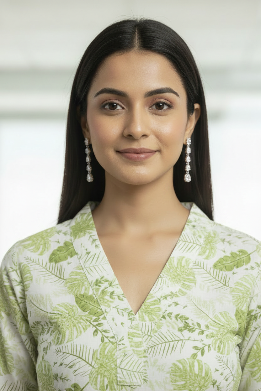 Green Leaf Printed Cotton A Line Kurti Pant Set