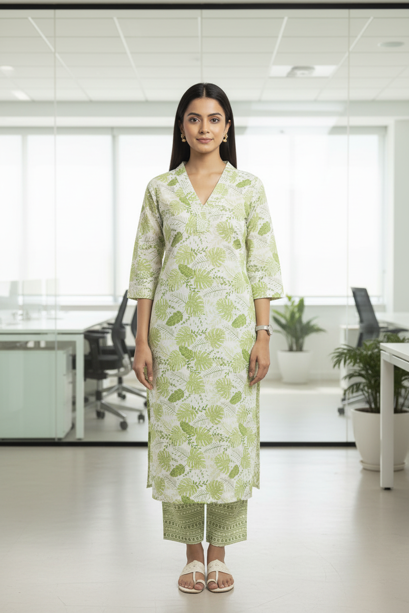 Green Leaf Printed Cotton A Line Kurti Pant Set