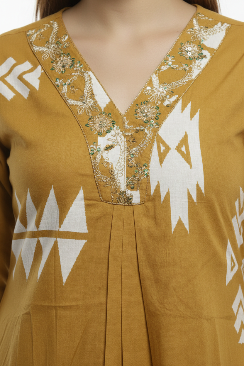 Mustard Yellow Printed Cotton A Line Cordset