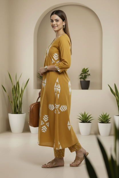 Mustard Yellow Printed Cotton A Line Cordset