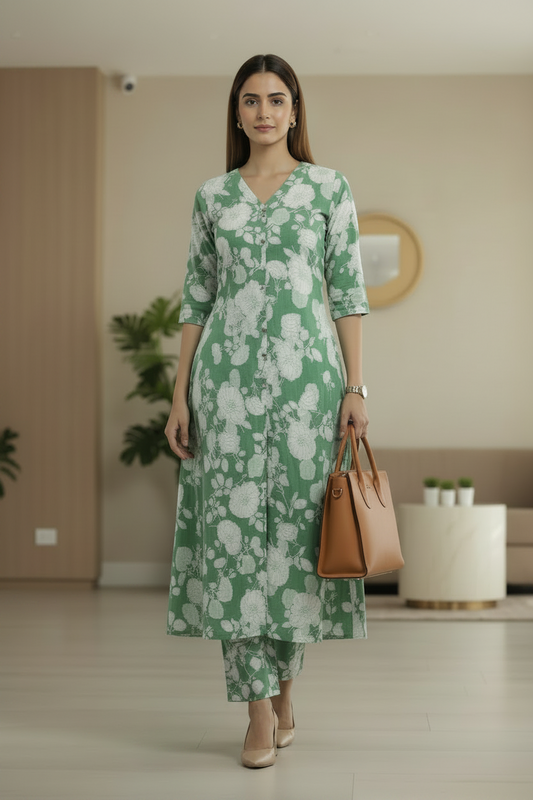 Green Floral Printed Cotton Slub A Line Cordset