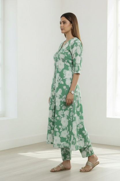 Green floral prited cotton slub A Line cordset with 3/4th sleeve , non slitted