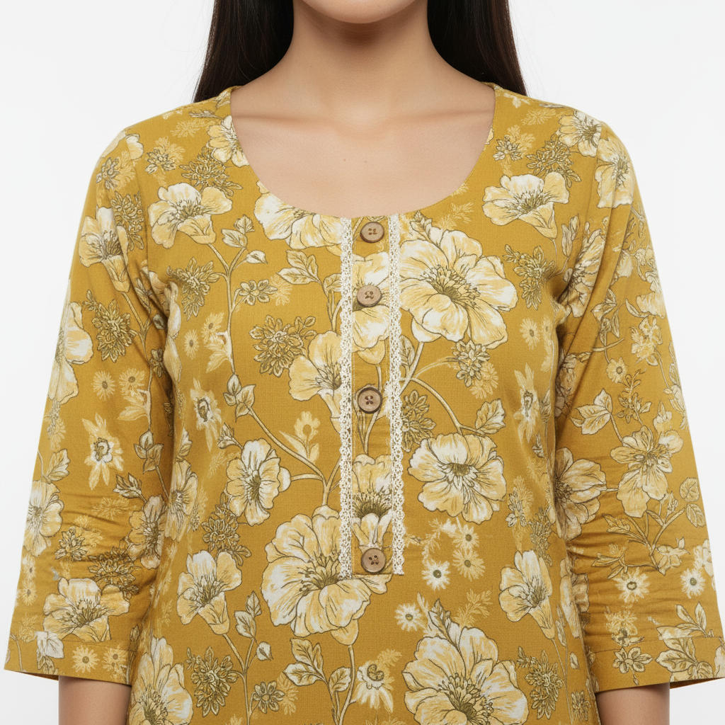 Yellow floral printed cotton kurti with 3/4th sleeves
