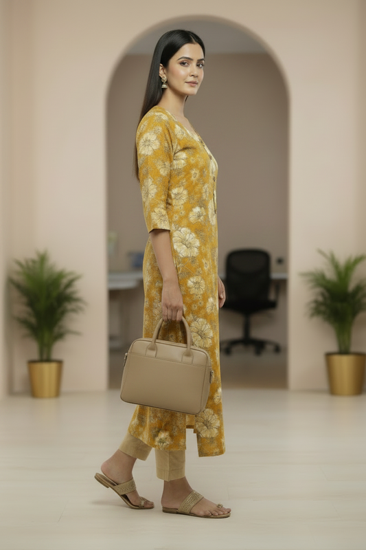 Yellow Floral Printed Cotton Straight Kurti