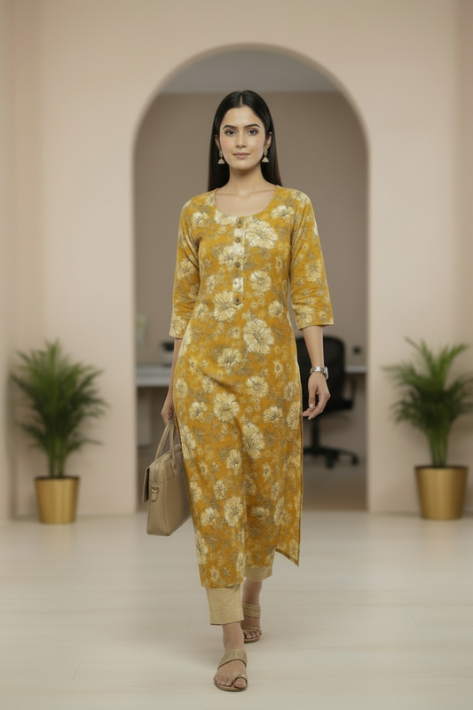 Yellow floral printed cotton kurti with 3/4th sleeves
