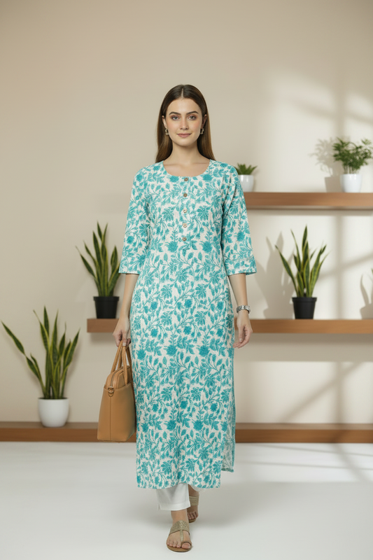 Blue floral printed cotton kurti with 3/4th sleeves