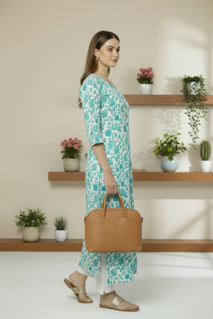 Blue Floral Printed Cotton Straight Kurti