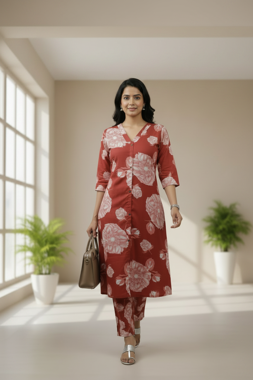 Floral Printed Cotton Slub Orange A Line Cordset with 3/4 th sleeves 