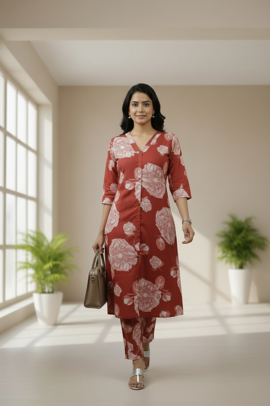 Floral Printed Cotton Slub Orange A Line Cordset with 3/4 th sleeves 