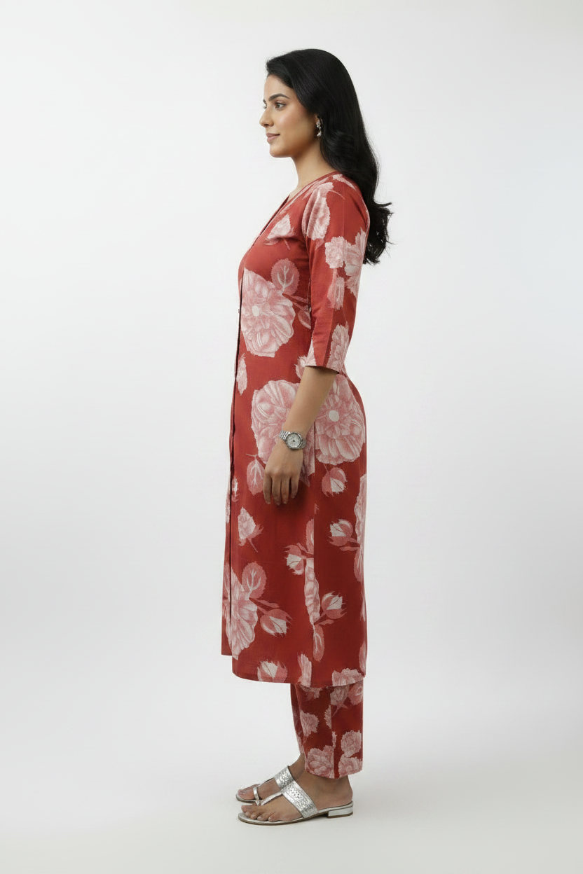 Floral Printed Cotton Slub Orange A Line Cordset with 3/4 th sleeves 