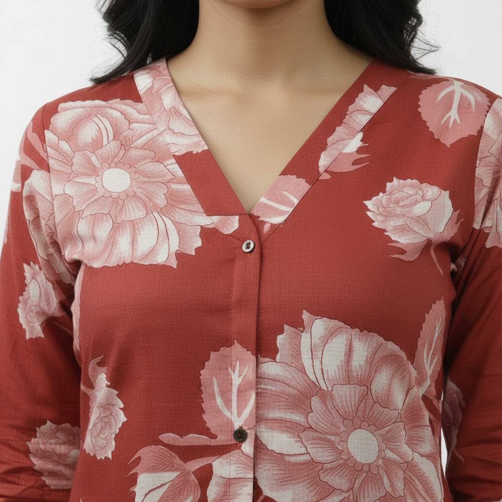 Floral Printed Cotton Slub Orange A Line Cordset with 3/4 th sleeves 