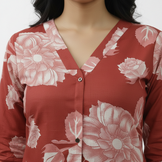 Floral Printed Cotton Slub Orange A Line Cordset with 3/4 th sleeves 