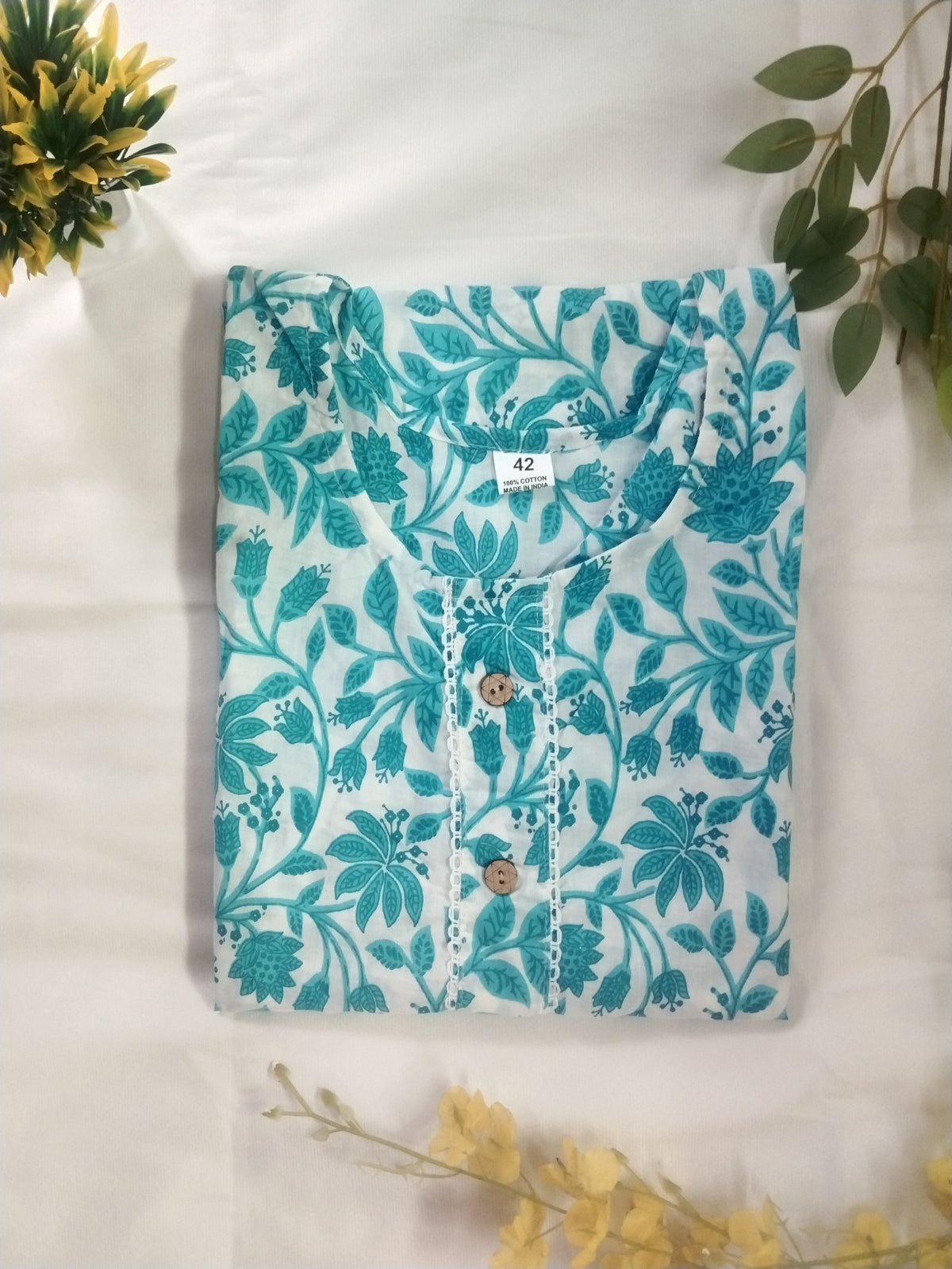 Blue floral printed cotton kurti with 3/4th sleeves