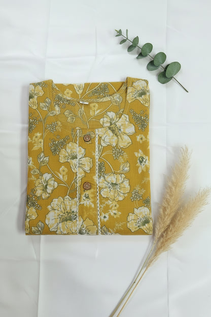 Yellow floral printed cotton kurti with 3/4th sleeves
