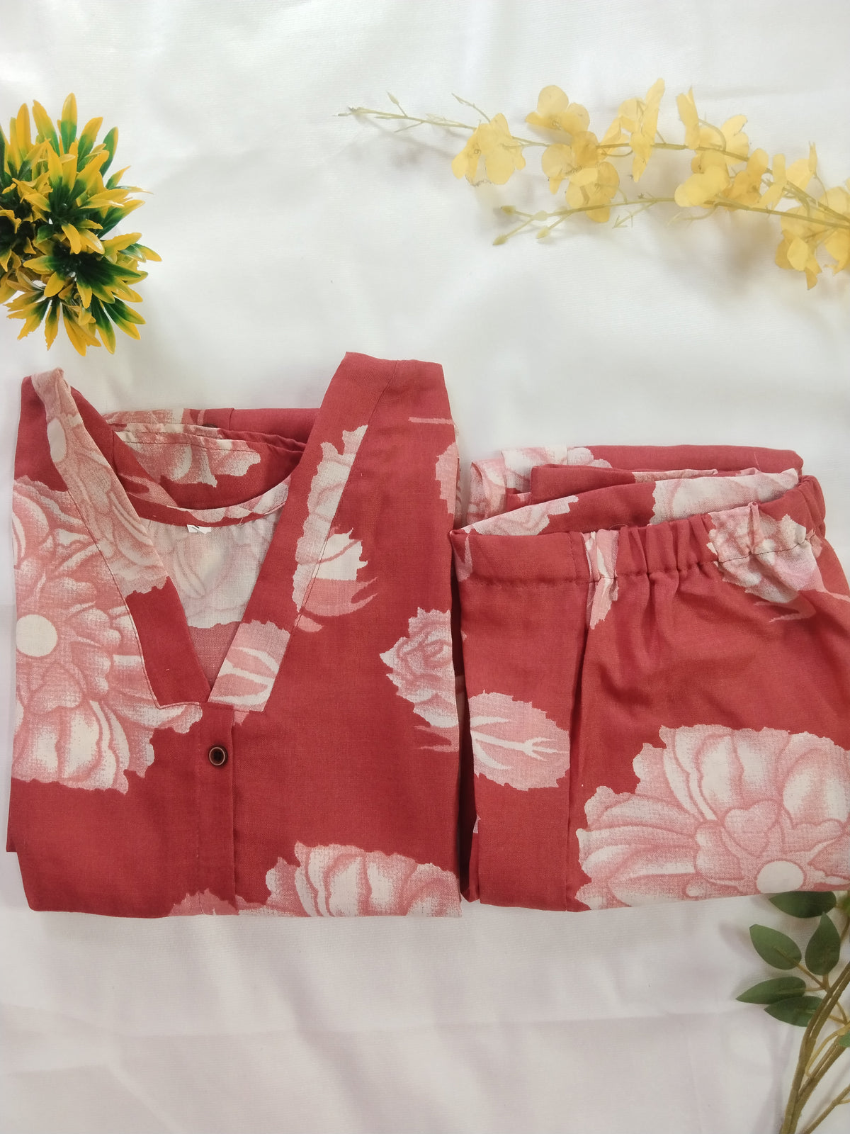 Floral Printed Cotton Slub Orange A Line Cordset with 3/4 th sleeves 